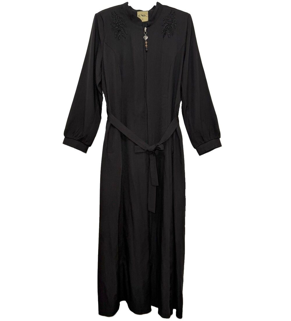 EVA Collection Black Beaded Maxi Dress Modest Zip Front Belted Turkey Large